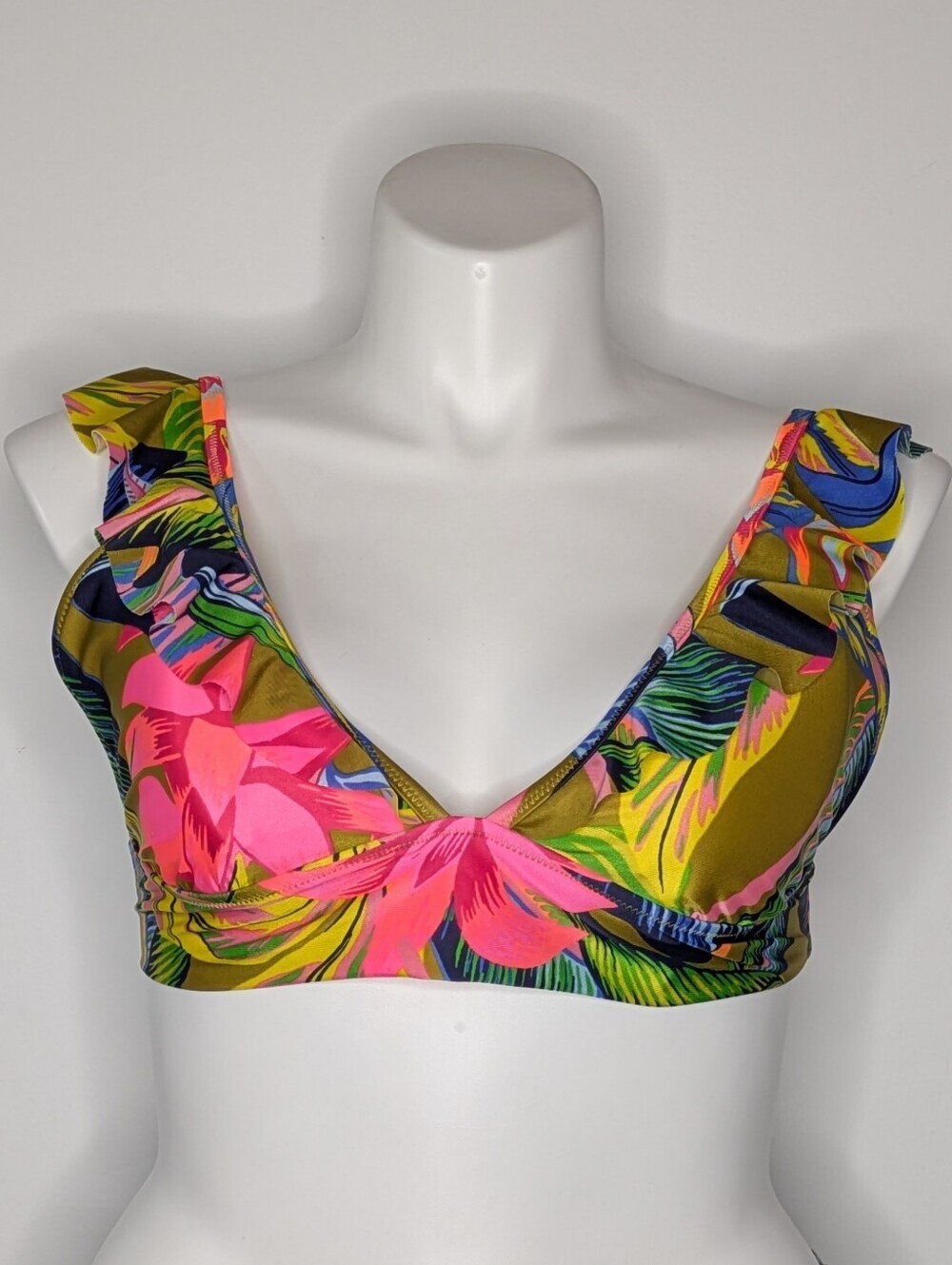Aerie Green Pink Tropical Floral Riffle V Neck Triangle Bikini Top XXL